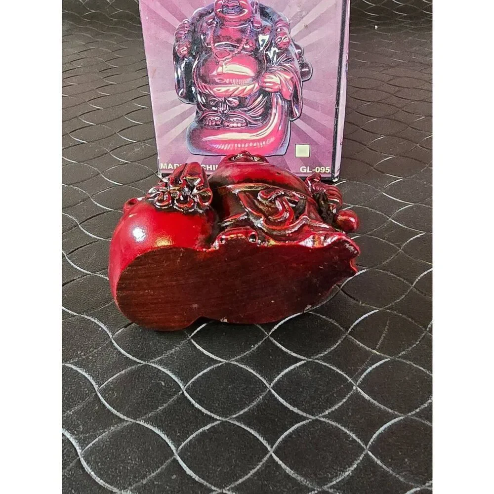 Red Resin Laughing Buddha Luck Happy Figurines Vintage 2.5